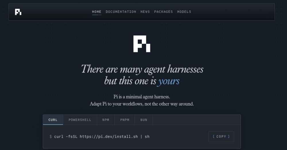 Pi coding agent hero from pi.dev: minimal, self-extensible terminal agent with install command Pi coding agent hero from pi.dev: minimal, self-extensible terminal agent with install command