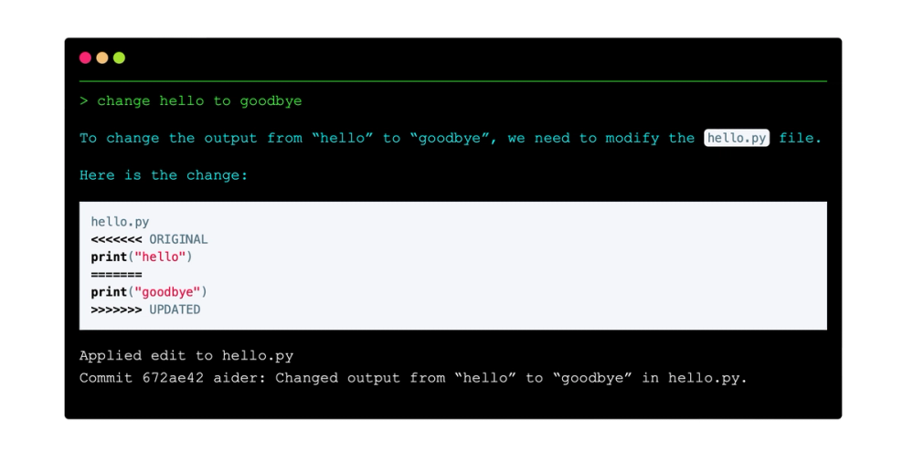 Aider terminal session applying a one-line edit and auto-committing it to Git