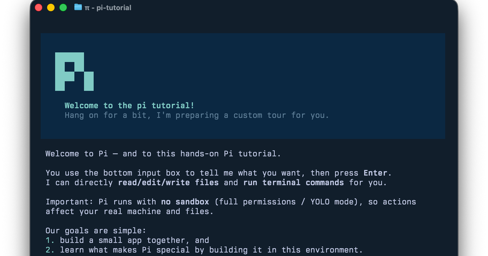 Pi minimal coding agent interface showing the terminal TUI with its four built-in tools