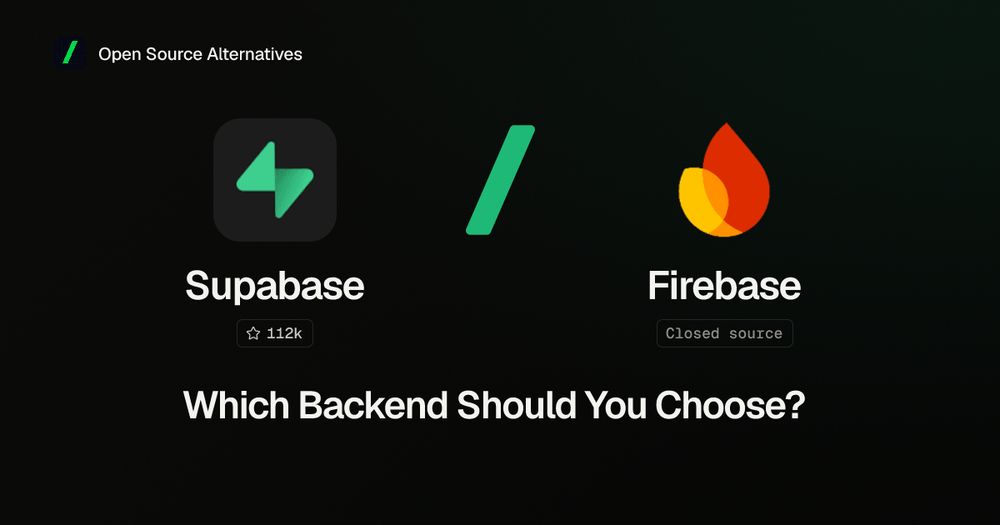 Supabase and Firebase logos either side of an emerald slash, Firebase labelled Closed source, with the question Which Backend Should You Choose