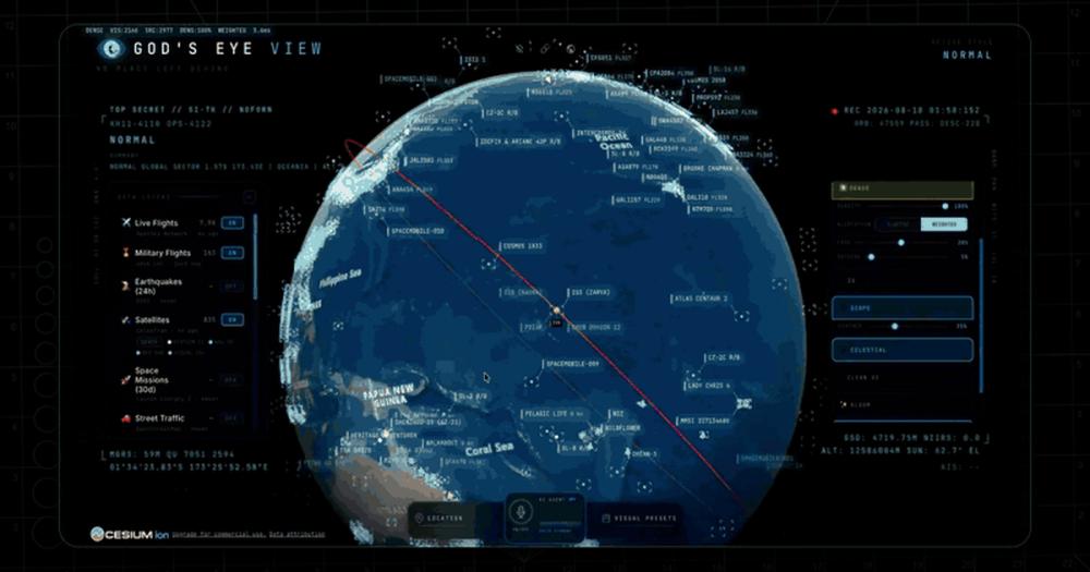 God's Eye View live intelligence layers on a 3D globe