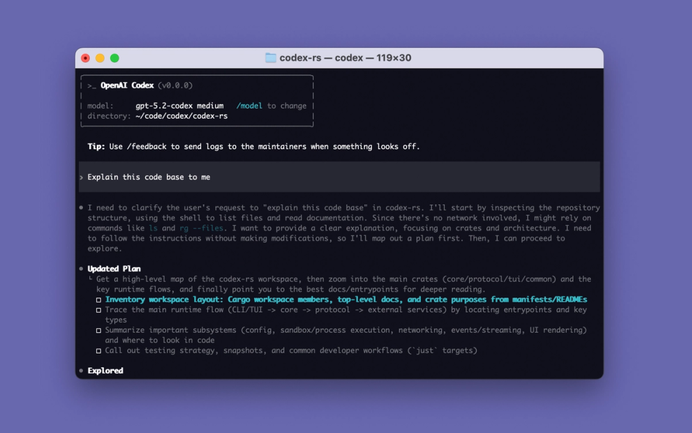 Codex CLI terminal session with model and directory header, a plan and explored steps