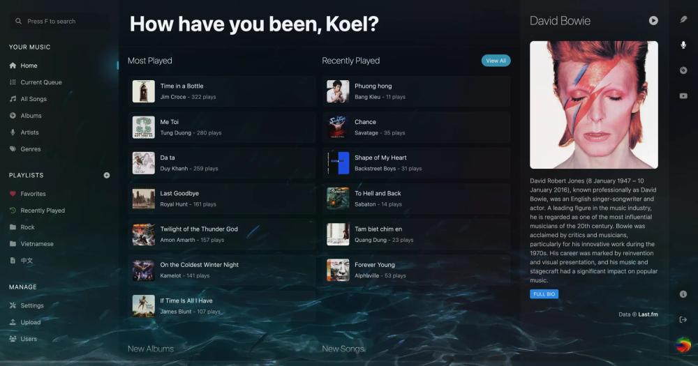 Koel web player home screen with most played and recently played songs