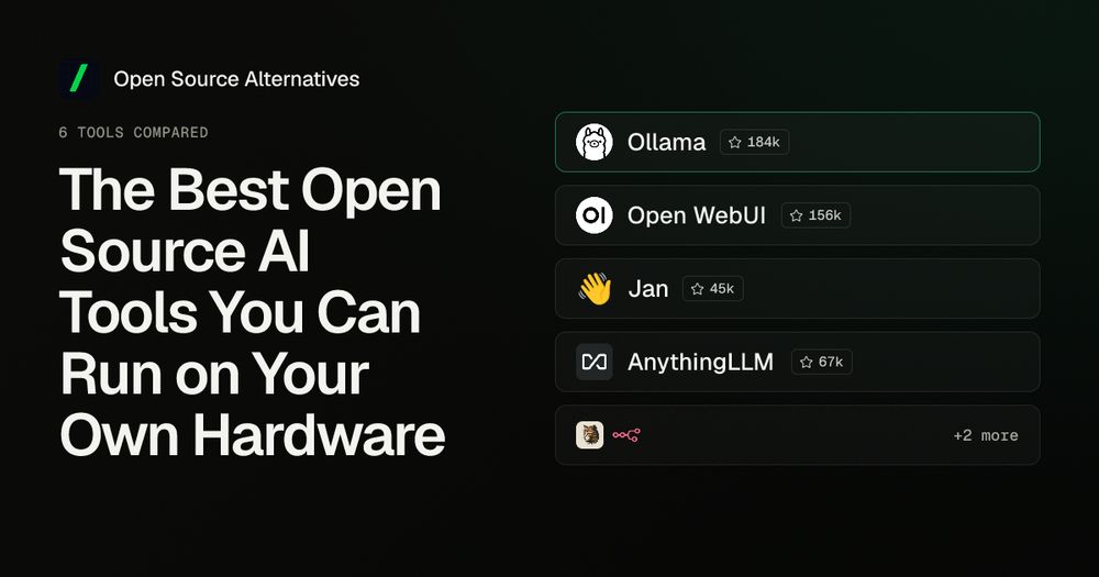 Ollama, Open WebUI, Jan, AnythingLLM and two more open source AI tool logos beside the title The Best Open Source AI Tools You Can Run on Your Own Hardware