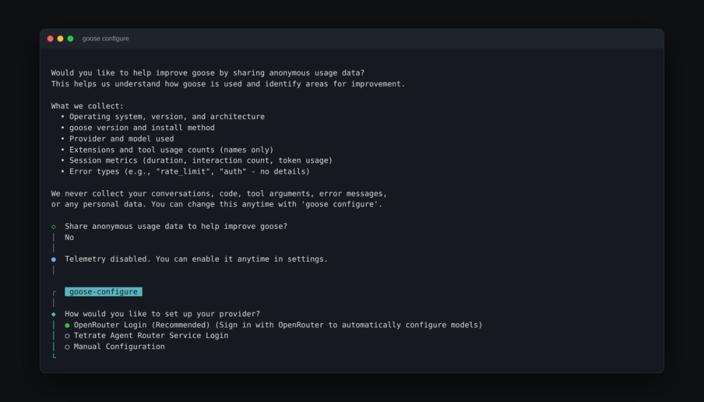 goose configure first-run flow in the terminal: telemetry choice and provider setup menu