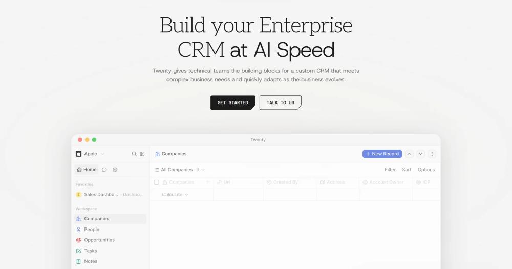 Twenty homepage hero: Build your Enterprise CRM at AI Speed, above the Twenty app showing a companies table Twenty homepage hero: Build your Enterprise CRM at AI Speed, above the Twenty app showing a companies table