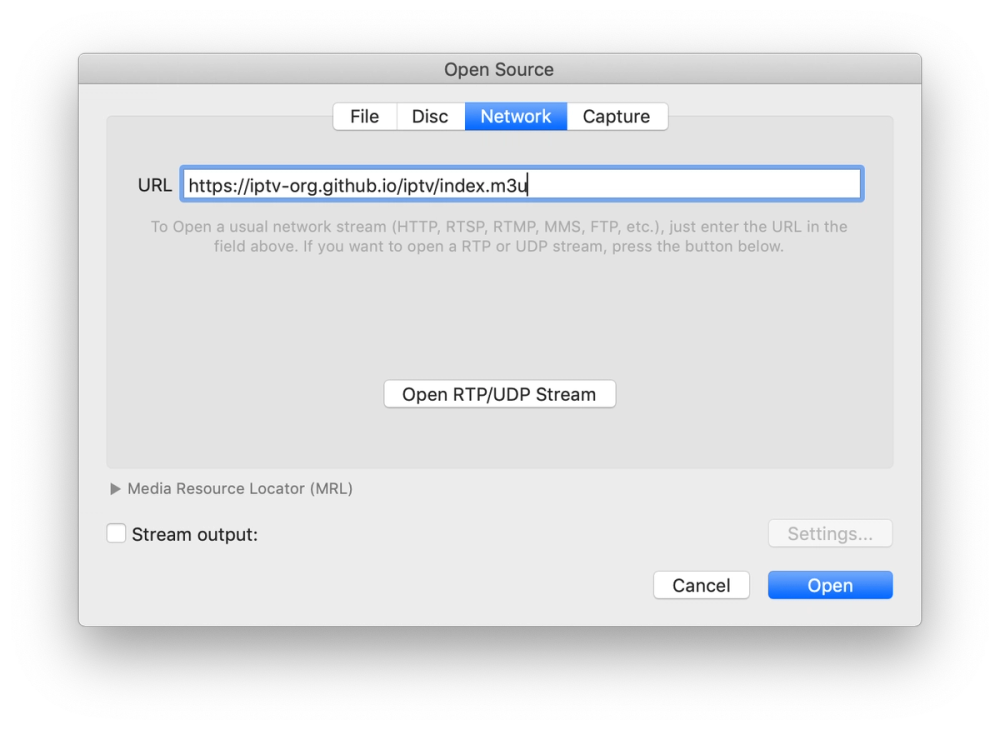VLC network stream dialog showing an IPTV playlist URL