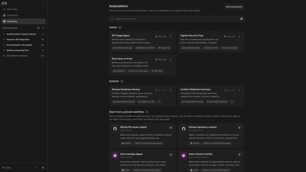 OpenHands Agent Canvas automations view with scheduled agent jobs on sample repos