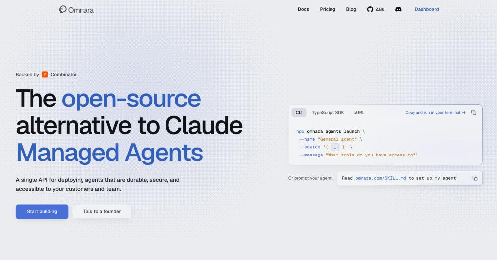 Omnara homepage: the open-source alternative to Claude Managed Agents, with the CLI launch command