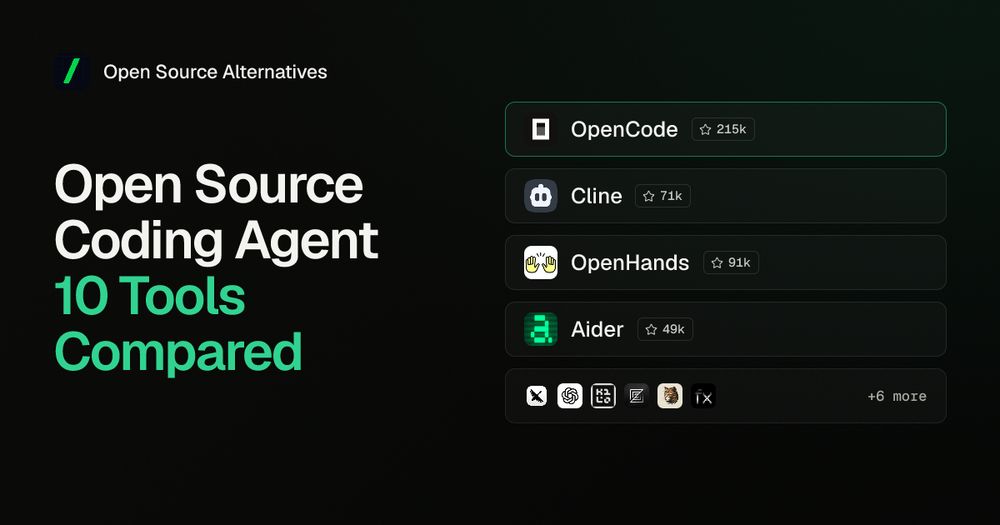 Logos of OpenCode, Cline, OpenHands, Aider and six more open source coding agents beside the title Open Source Coding Agent, 10 Tools Compared