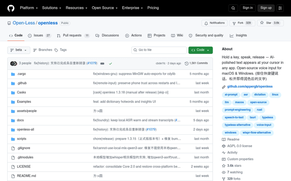 OpenLess GitHub README showing the logo, tagline, and platform badges for this cross-platform AI voice input tool