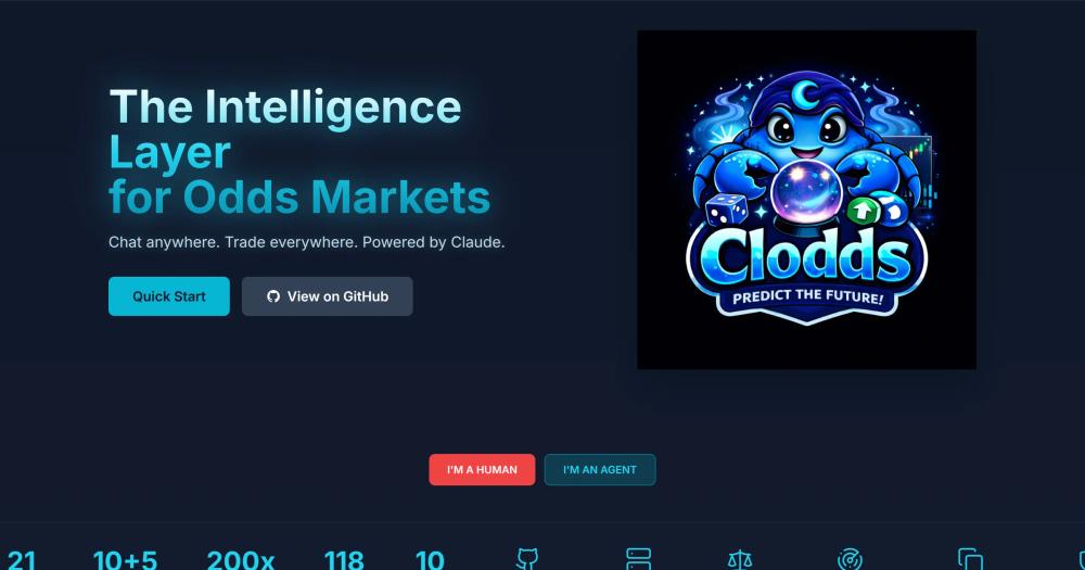 Clodds AI trading terminal homepage hero