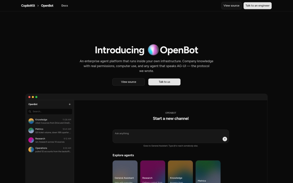 OpenBot website hero above the app window with channels and the agent picker