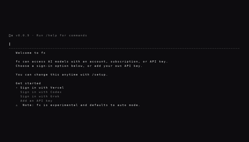 fx first-run screen in the terminal: sign-in options and the experimental auto-mode note