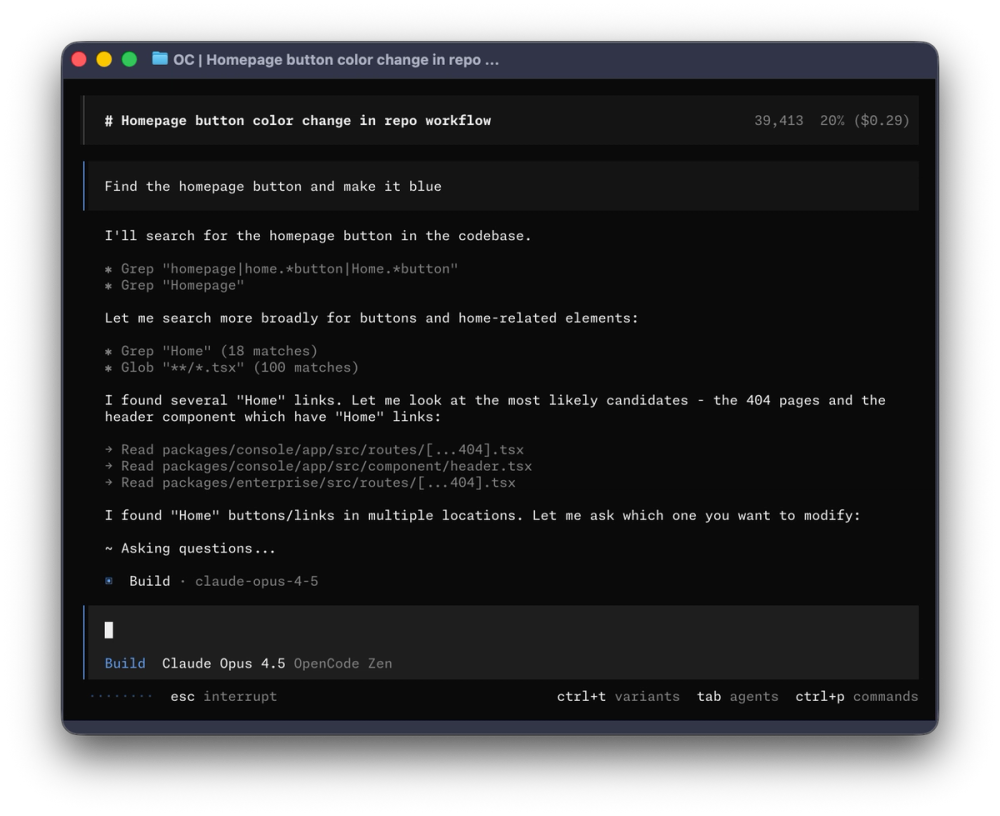 OpenCode terminal session searching a repo and reading files before an edit