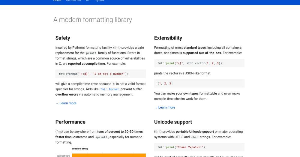 fmt homepage: a modern C++ formatting library