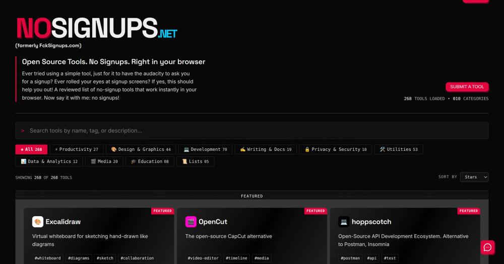 NoSignups.net hero: browser-based open source tools directory