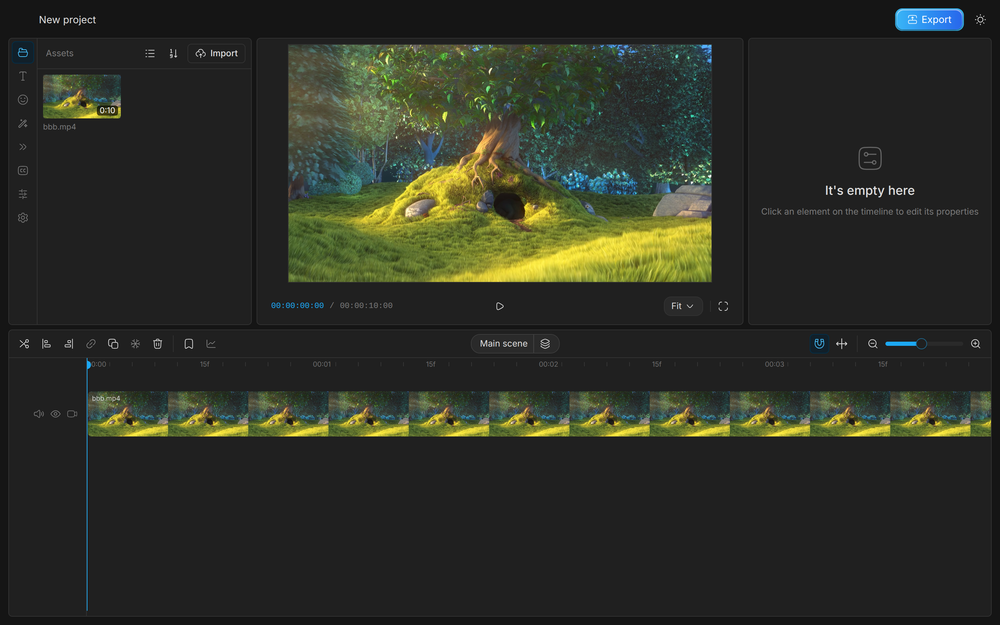 OpenCut editor with a video clip on the timeline, assets panel and preview