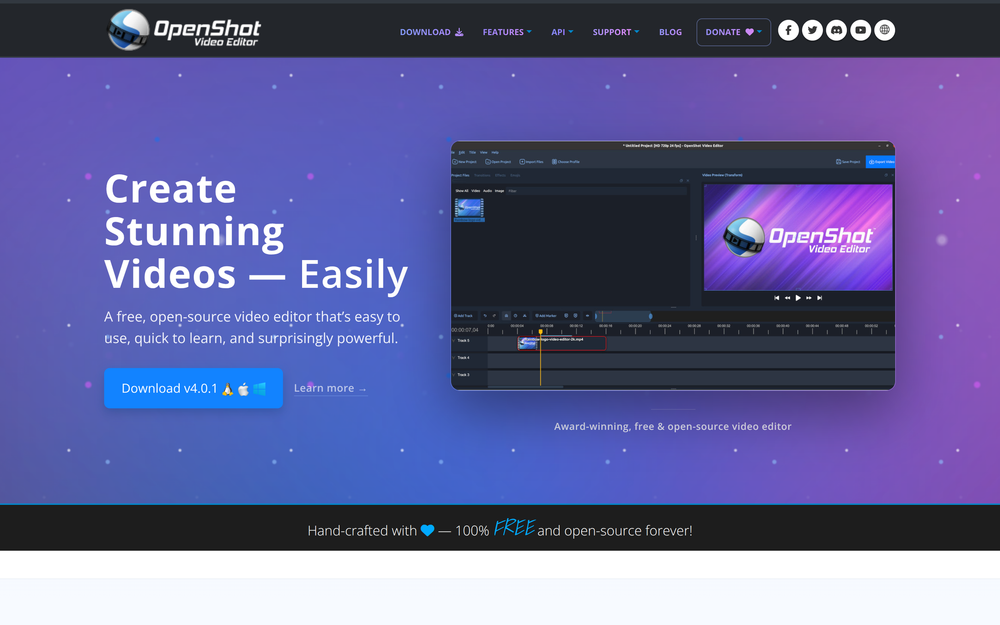 OpenShot website hero above the editor timeline in the site's own device frame