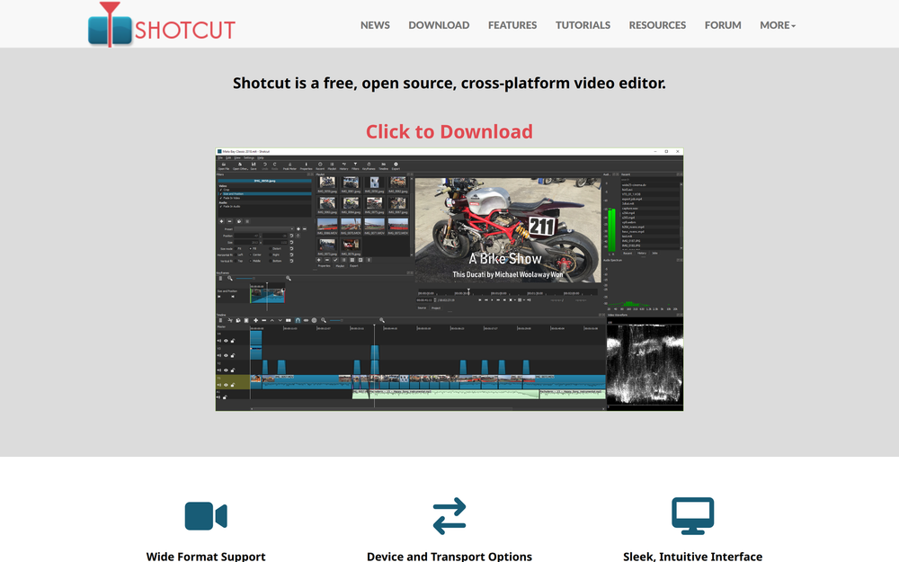 Shotcut website hero above the editor window with playlist, filters, preview and multi-track timeline