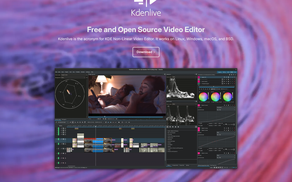 Kdenlive website hero above the editor window in a color-grading layout with scopes and effect stack