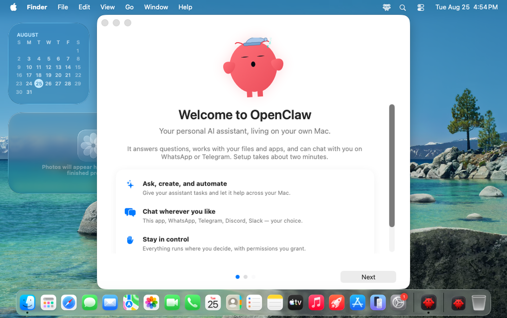 OpenClaw macOS app welcome screen listing what the assistant can do