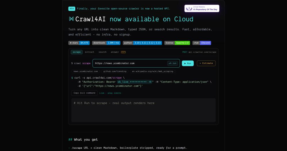 Crawl4AI homepage hero showing the open-source LLM-friendly web crawler and its GitHub stats Crawl4AI homepage hero showing the open-source LLM-friendly web crawler and its GitHub stats