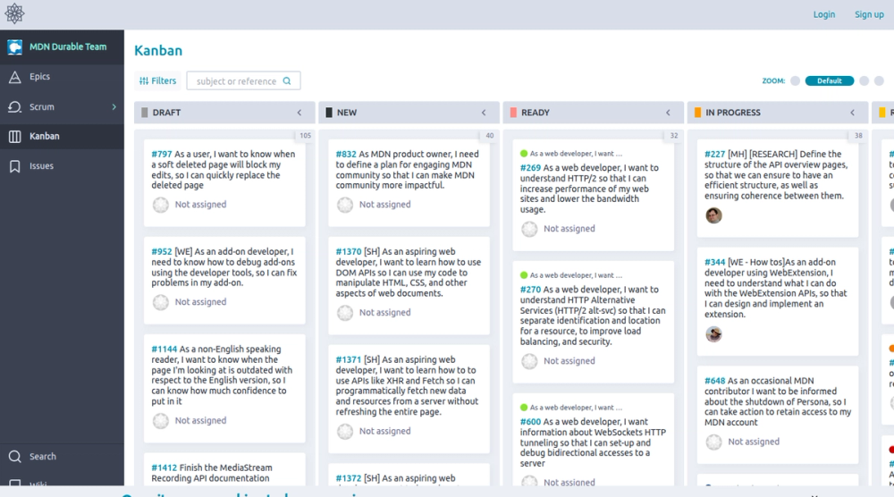 Taiga Kanban board of a public project with Draft, New, Ready and In Progress columns and card assignment