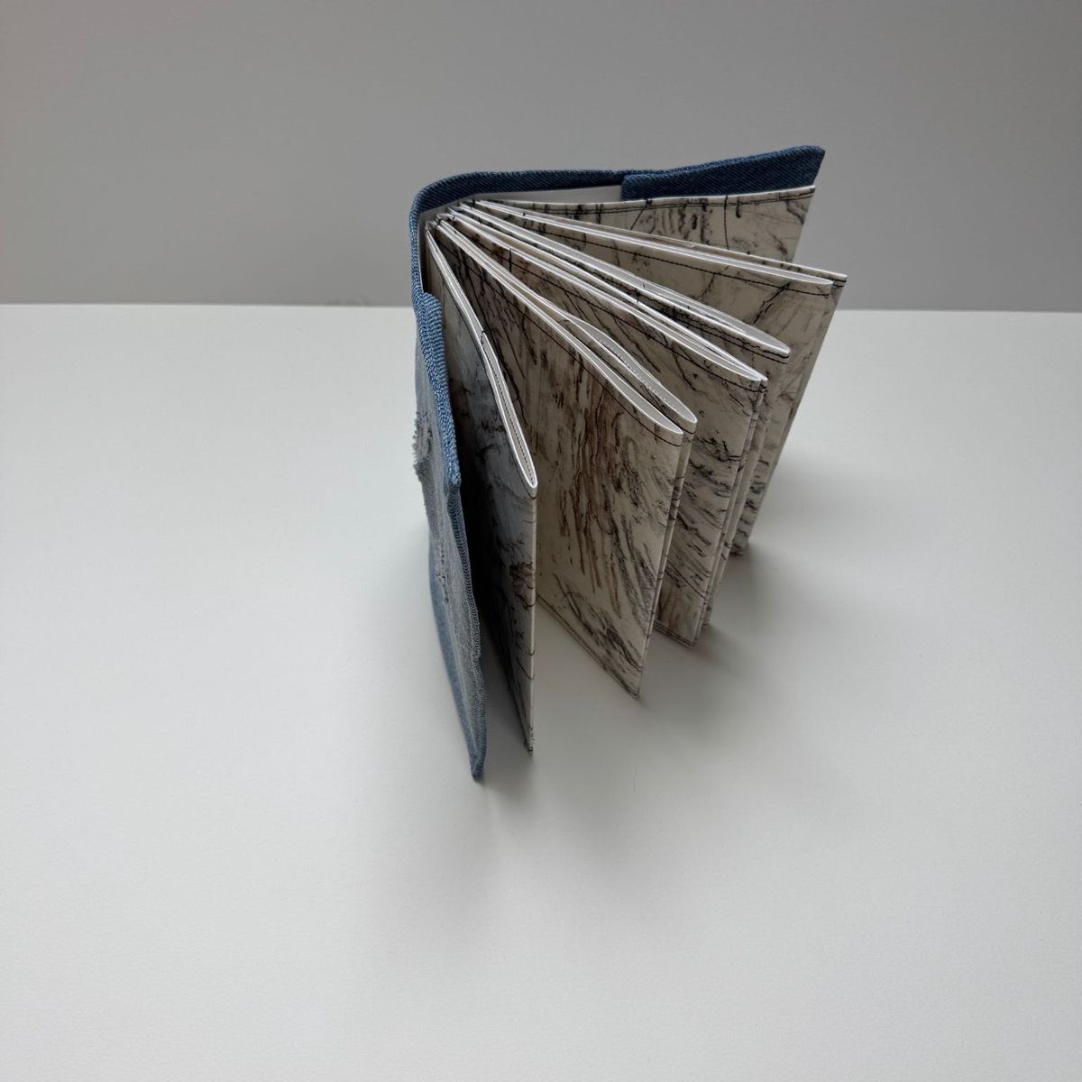 A small book stands open on white, its pages fanned into a spiral. The paper is pale and finely veined with brown, like stone or bark; the spine is bound in soft blue chambray.