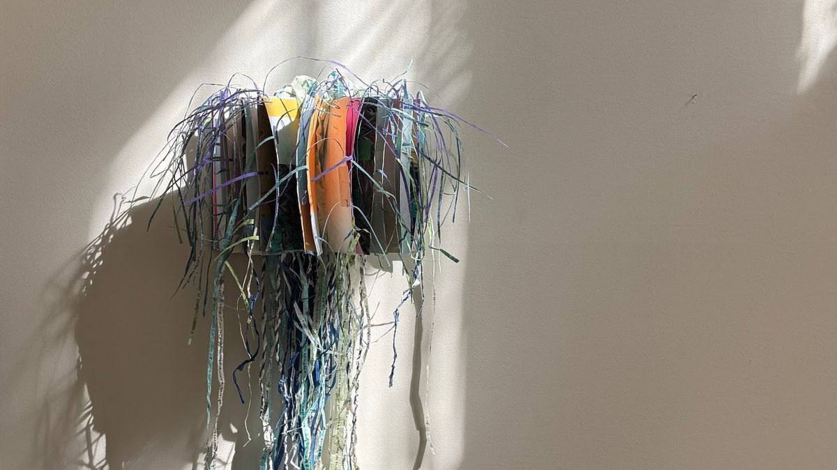 A small wall-mounted vessel in raking sunlight, spilling a long curtain of finely shredded paper in blue, green, violet and cream. The shadow it throws across the wall is as much of the piece as the object itself.