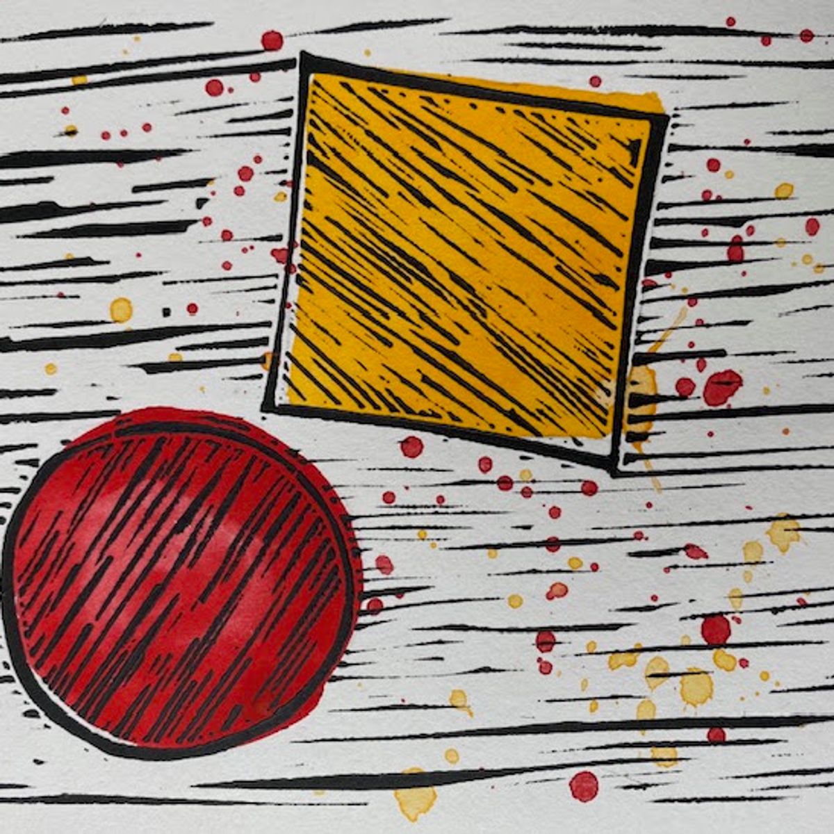 The same field of black horizontal cut-marks, now with a red disc at the lower left and a tilted golden-yellow square above it, both scored with diagonal hatching. Red and yellow spatter drifts across.