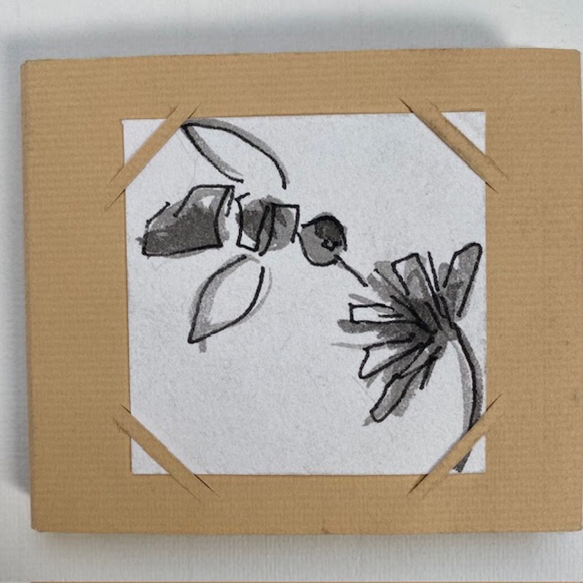 A kraft-card cover with a corner-mounted drawing: a soft grey bee in flight reaching toward a ragged-petalled flower, drawn in wet ink wash over fine black line.