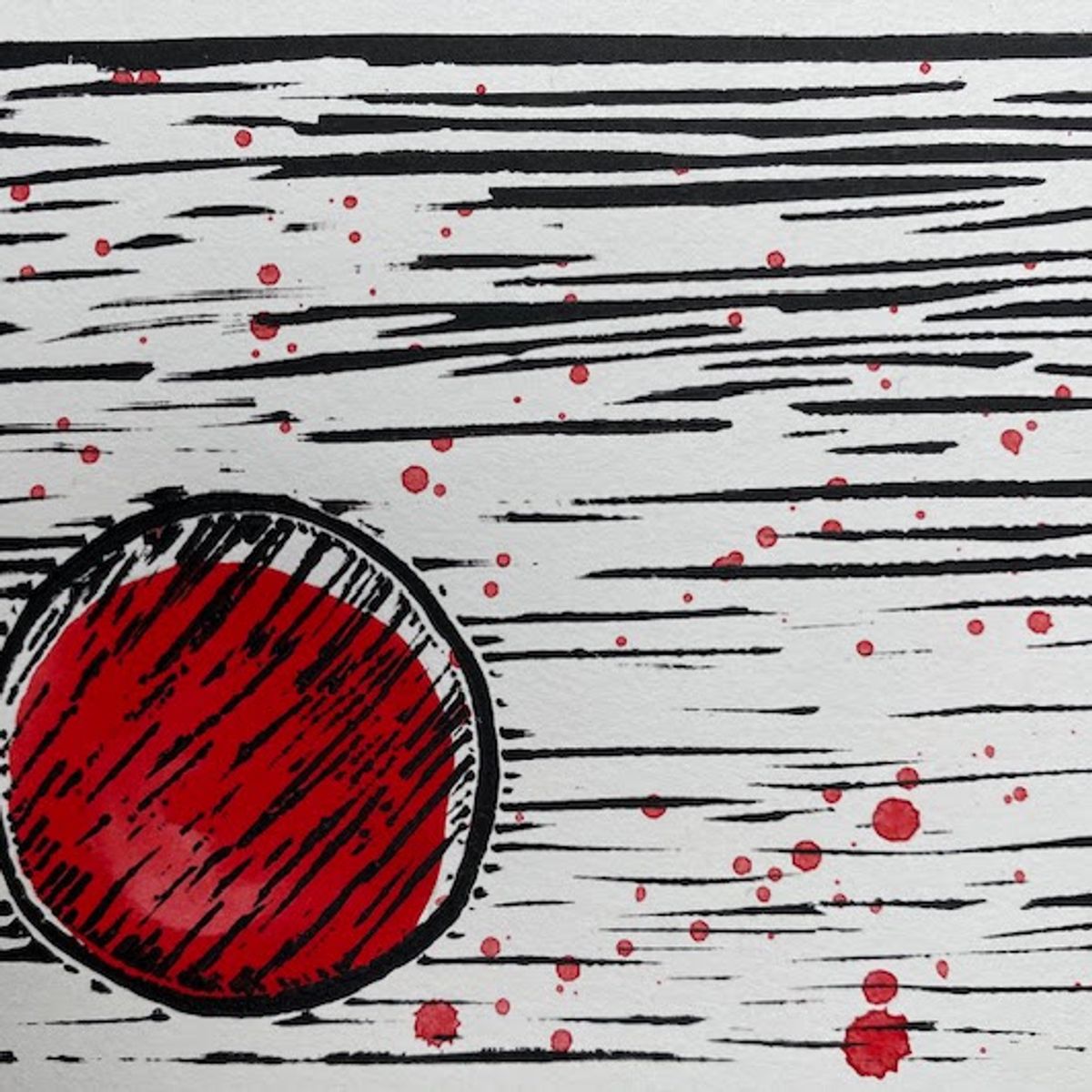 A print of dense horizontal black cut-marks across white, like wind on water. A single red disc sits at the lower left, its surface scored with black hatching. Fine red spatter scatters across the sheet.