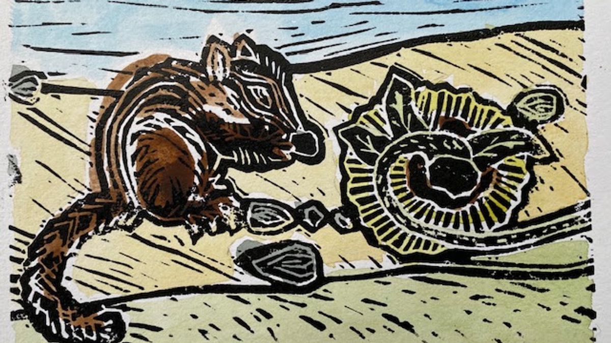 A hand-coloured linocut on soft cream paper. A striped chipmunk crouches beside a spiky coneflower seedhead, the ground worked in ochre and green with dense diagonal cut lines.