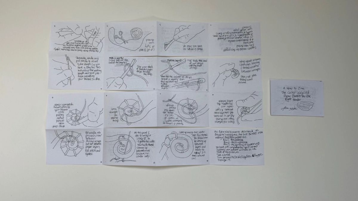 A grid of hand-drawn instruction panels showing hands threading a needle, wrapping paper strips and coiling them into a basket. A small hand-lettered cover sits to the right.