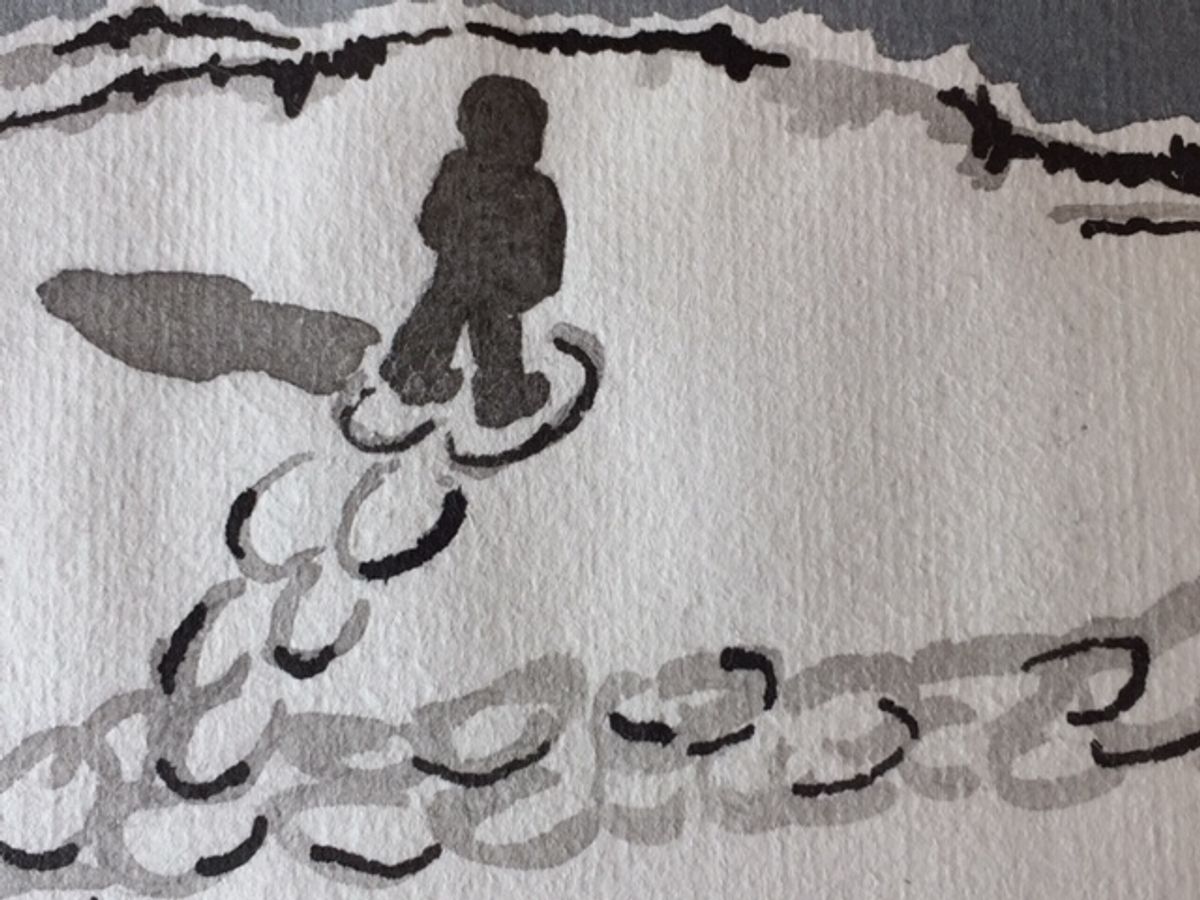 Ink and grey wash on heavily textured watercolour paper. A small dark figure walks left to right, trailing a long shadow, above a band of loose chain-like marks suggesting snowshoe tracks.