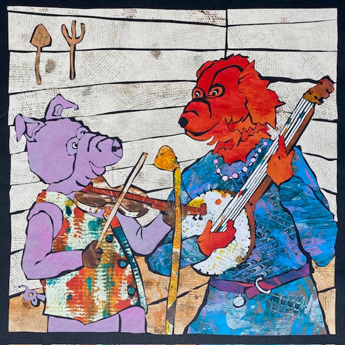 A cut-paper collage in close view: a lilac pig playing fiddle faces a red-maned lion strumming a banjo, both in patterned patchwork clothing, against pale horizontal barn boards.