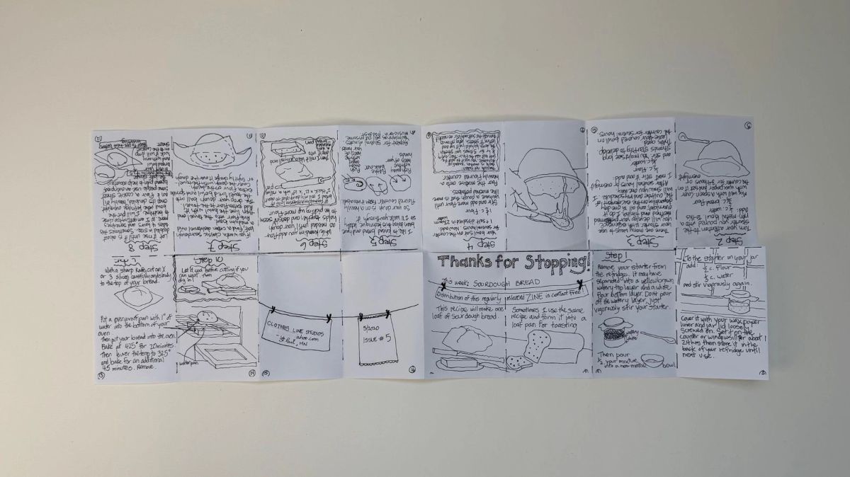 Two folded zine sheets pinned open, densely hand-lettered with a sourdough bread method — day counts, a proving bowl, a lidded pot, a sliced loaf — ending in a panel headed "Thanks for Stopping!"