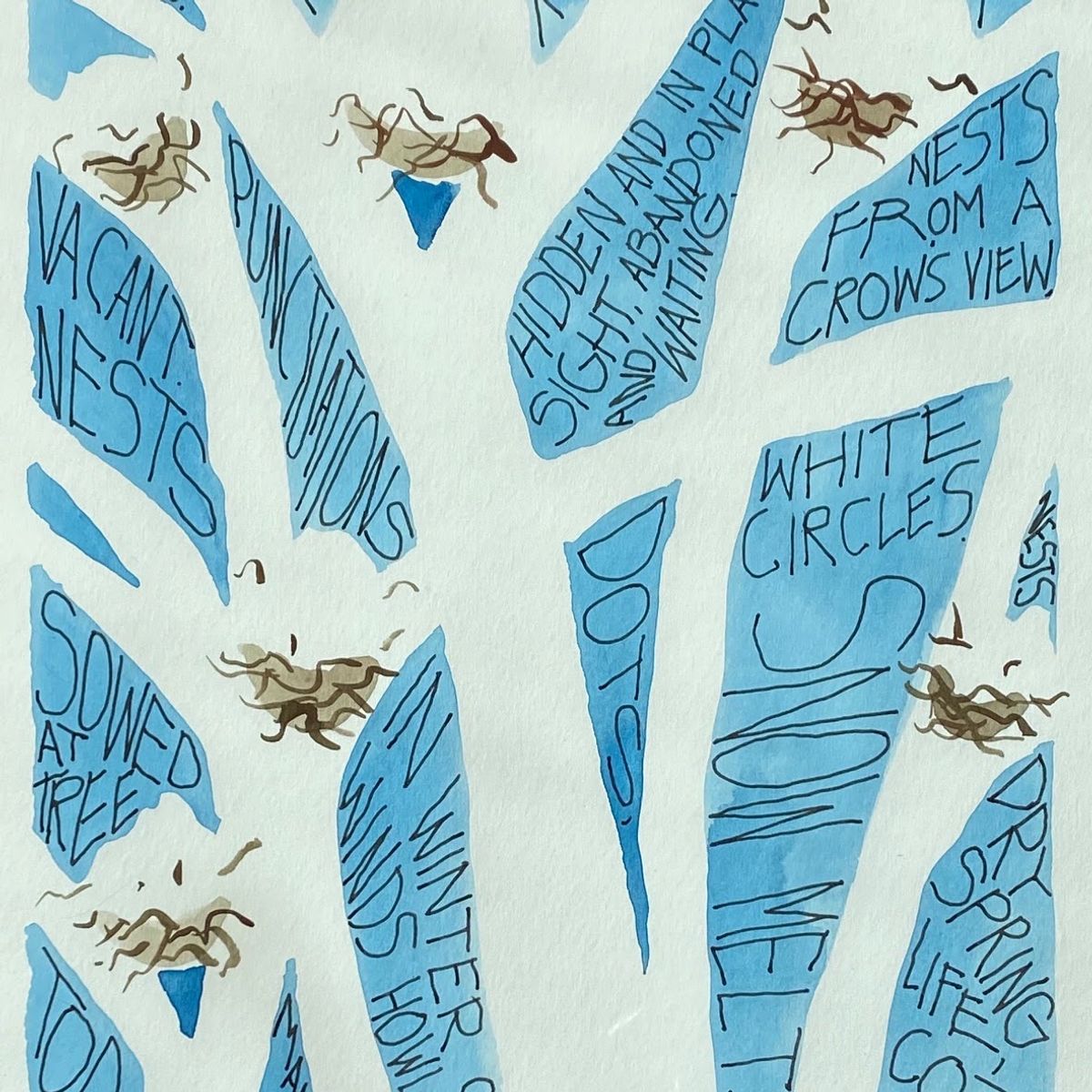 Watercolour leaf-shapes in bright blue scattered across white, each hand-lettered with a phrase — "VACANT NESTS", "PUNCTUATIONS", "NESTS FROM A CROW'S VIEW", "WHITE CIRCLES". Small brown nests sit between them.