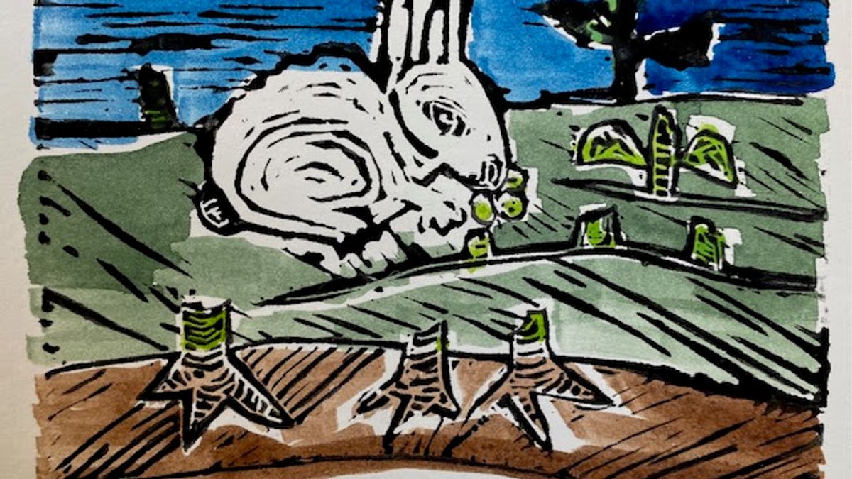 A hand-coloured linocut. A white rabbit lies in a green field nibbling shoots, with dark blue sky and a black tree above and a band of brown tilled furrows below.