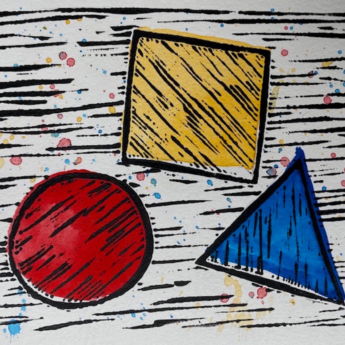 Black horizontal cut-marks across white, with three hatched shapes — a red circle, a yellow square, a blue triangle — arranged across the sheet. Red, yellow and blue spatter falls between them.