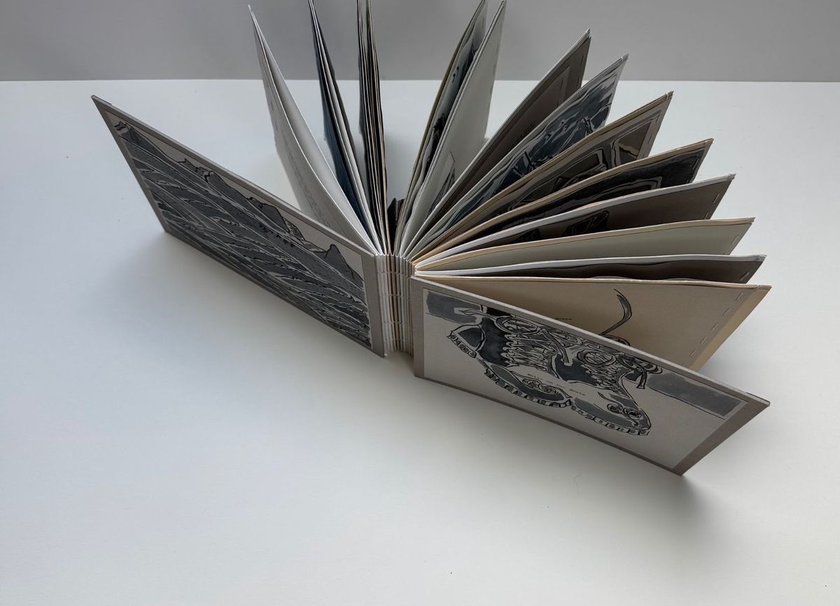 A book fanned open on white, pages spiralling outward. Each plate carries a dark ink and wash landscape — layered ridgelines and water — against warm cream paper. Soft shadow pools beneath.