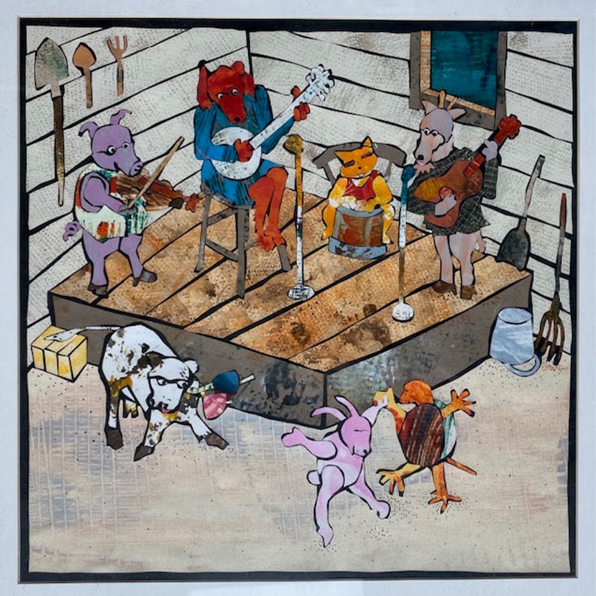 A cut-paper collage. A four-piece animal band plays on a plank stage — fiddle, banjo, drum, guitar — while a spotted cow and a pink rabbit dance below with a rooster. A milk pail and pitchfork stand to the side.