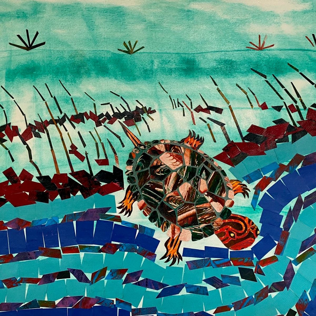 A mosaic of small cut-paper pieces. A painted turtle with an orange-scaled shell swims across bands of blue and turquoise water, thin reeds rising through crimson and dark red foliage.