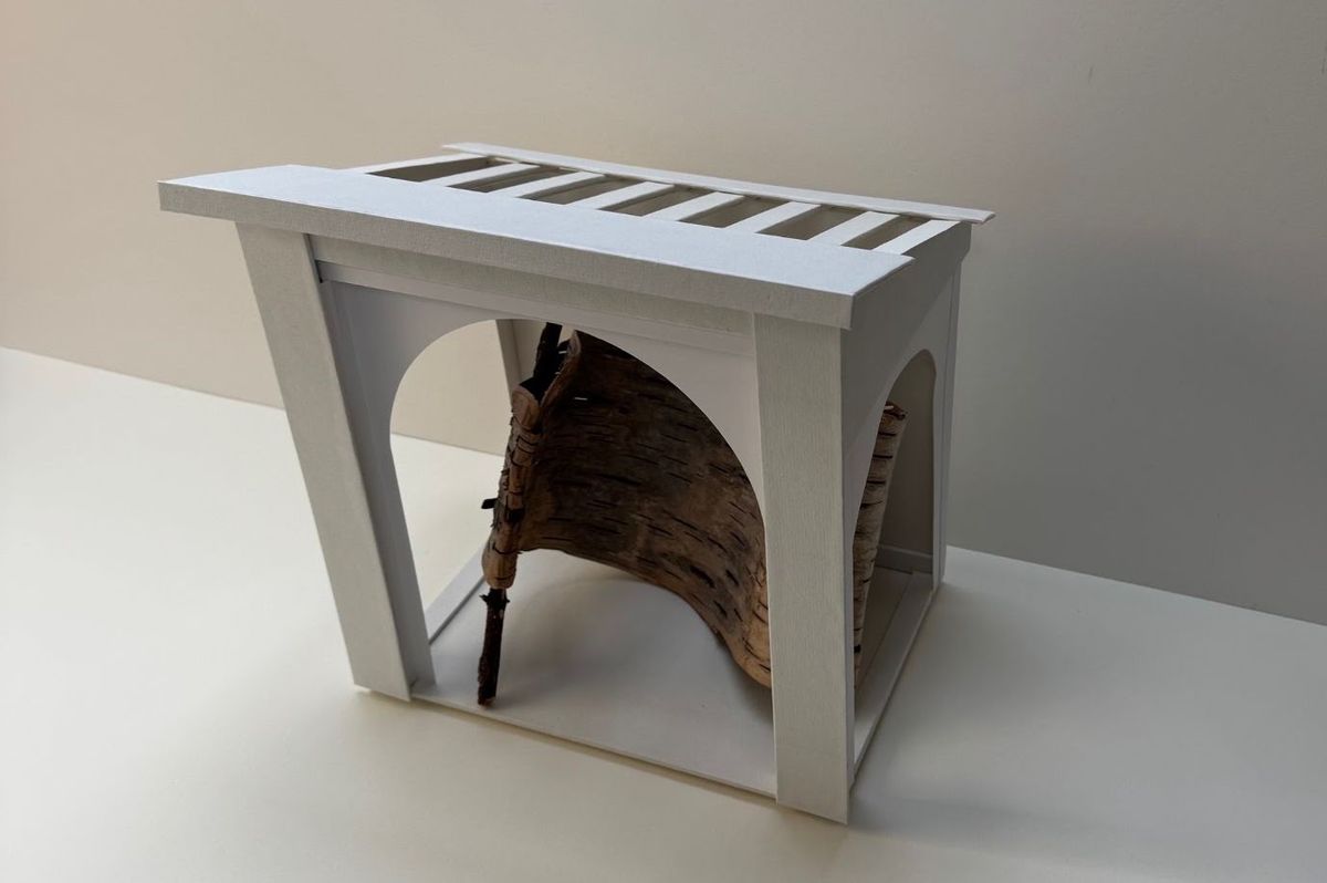 A small pavilion built from stiff white board — four posts carrying a slatted roof — sheltering a curved sheet of pale bark and a slender dark branch. Soft even light, almost no shadow.