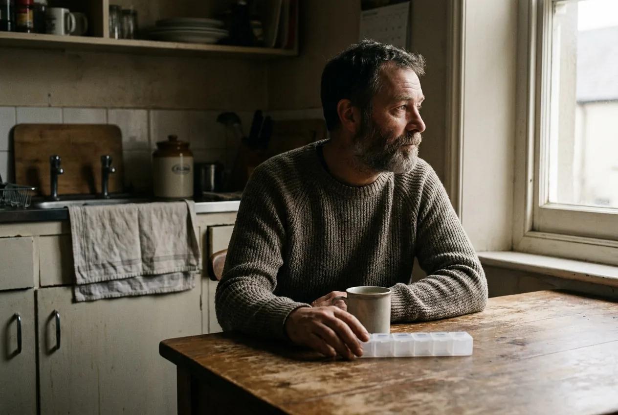 A man at a kitchen table in morning light, a mug and a weekly pill organiser in front of him.