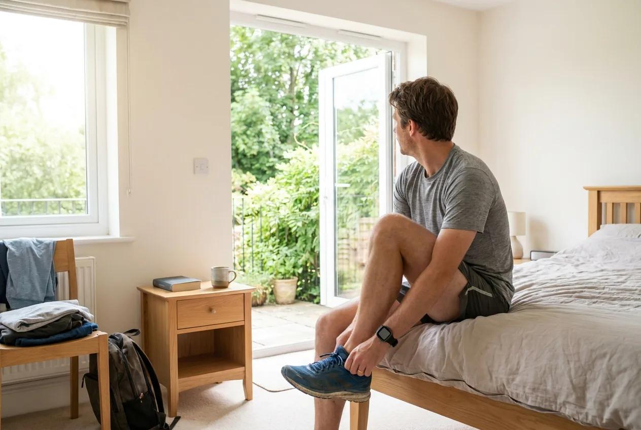 A man sitting on the edge of a bed in morning light pulling on a running shoe, a fitness watch on his wrist.