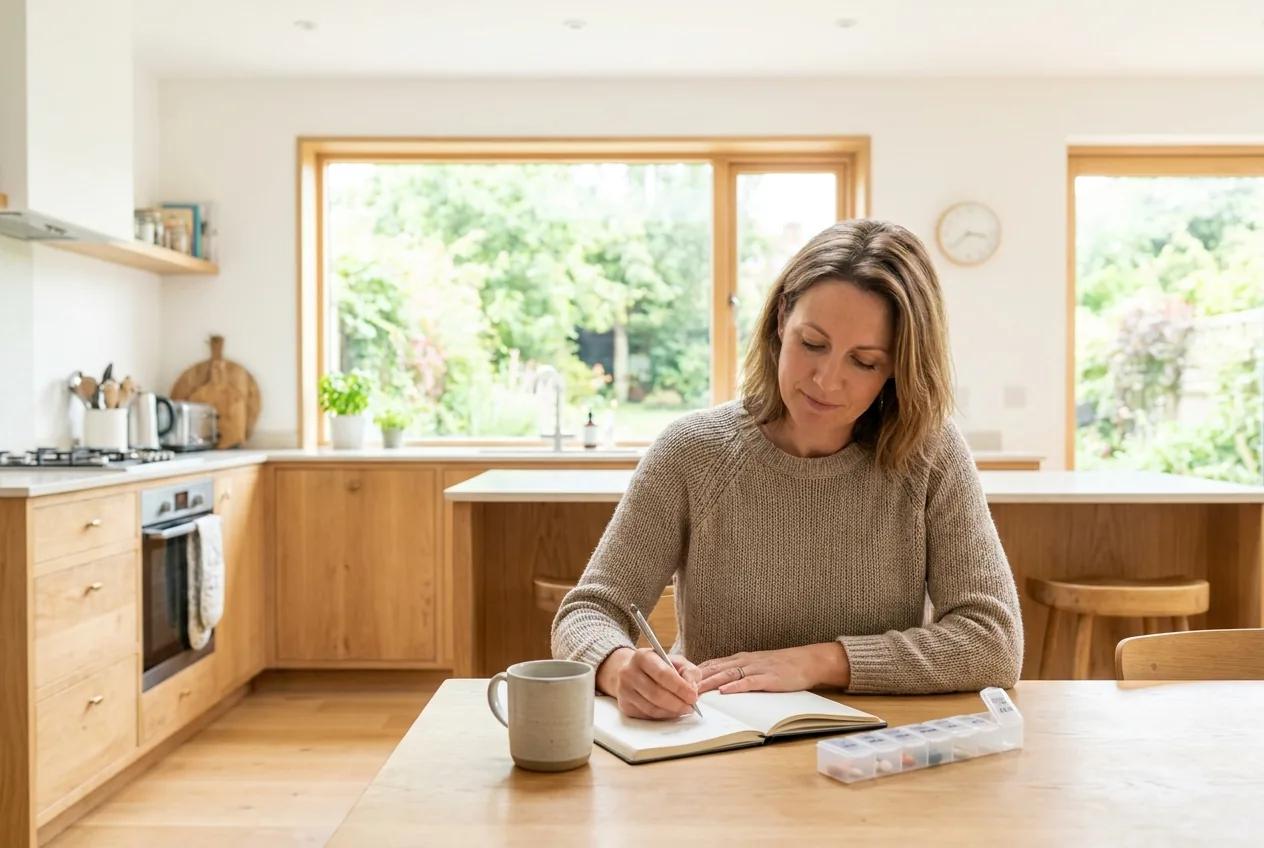 A woman at a sunlit kitchen table writing in a notebook, a mug and a weekly pill organiser beside her.