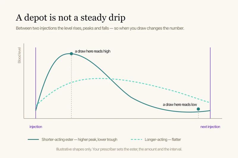 A diagram: two curves between injections, one peaking higher and falling lower than the other.