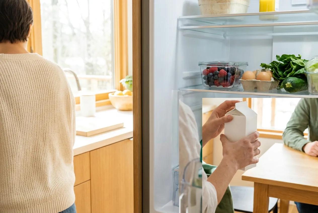 Hands placing a plain white medicine carton onto a fridge shelf beside ordinary food.
